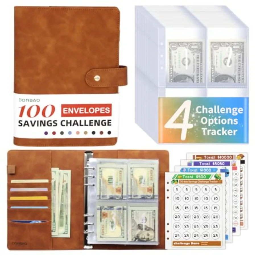 

100 Envelopes Money Saving Challenge Binder, A5 Budget Binder with Envelopes and Challenge Tracker, Savings Challenges Planner