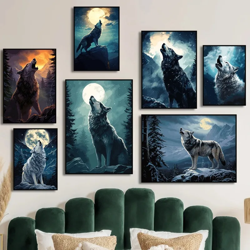 Moon White Wolf Animal Poster Howling Wolf Prints Canvas Painting Wildlife Modern Wall Art Picture for Living Room Home Decor