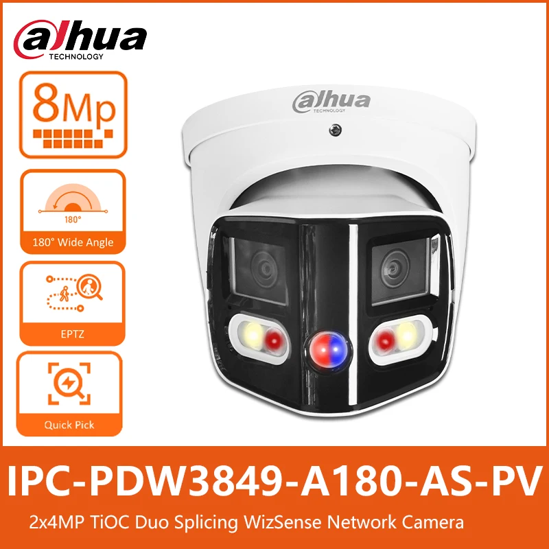 Dahua 4K IPC-PDW3849-A180-AS-PV 2x4MP 180° Wide Angle Smart Full Color TiOC Duo Splicing Eyeball WizSense Network AI Camera EPTZ