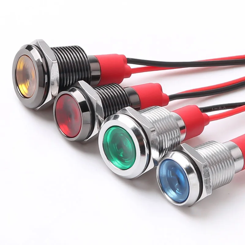 6/8/10/12MM Metal Indicator Light Oxidized Black Warning LED Pilot Signal Lamp with Wire Red Yellow Blue Green