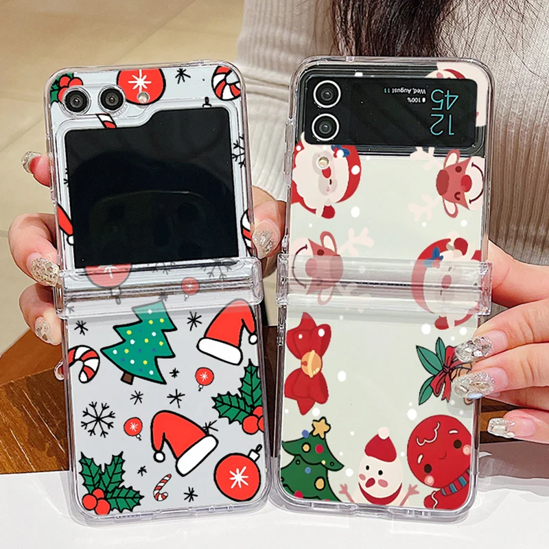 Christmas Print Transparent Phone Case For Samsung Galaxy Z Flip 8 7 FE 6 5 4 3 5G Folding Hard Cover For Samsung Z Flip7 Flip6