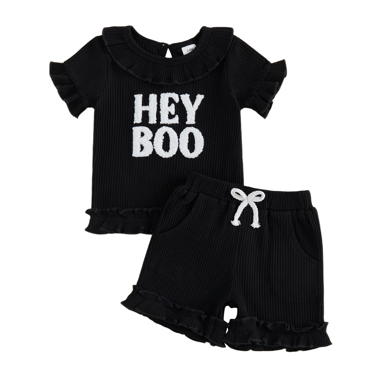 2Pcs Toddler Baby Girl Outfit Short Sleeve Crew Neck Halloween Themed Letters Embroidery Tops and Elastic Waist Shorts