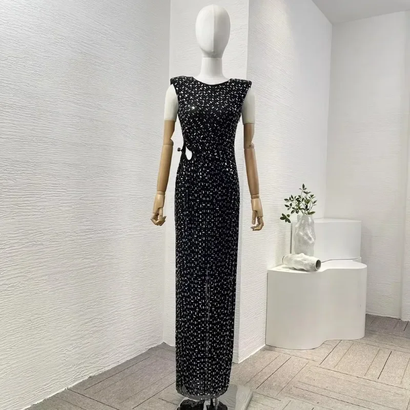 Women's Black Maxi Dress Diamonds New 2024 Top Quality Slit Design  Cut Out Sleeveless Party Luxury Style