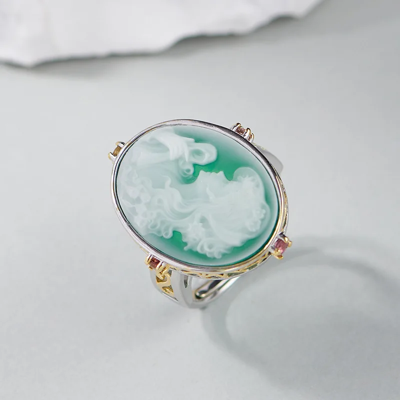 TZgrams Natural Gemstone Jewelry Green Onyx Goddess Cameo Ring Gold Color S925 Sterling Silver Oval Statement Rings for Ladies