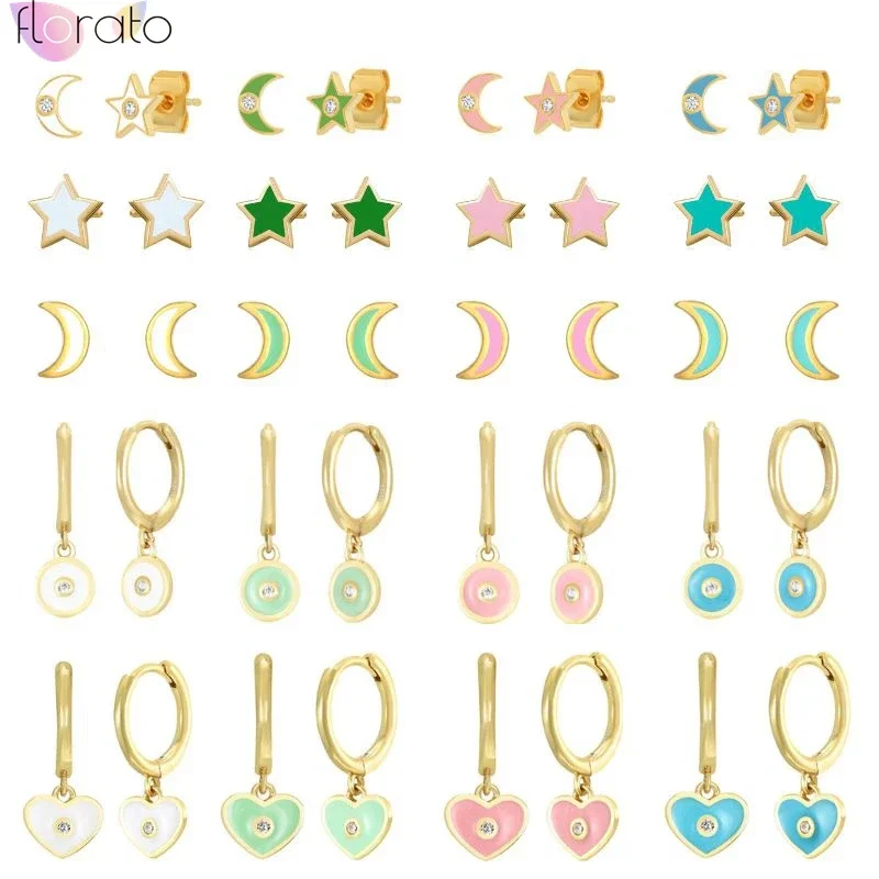 

925 Sterling Silver Needle Colorful Enamel Star/Moon Tiny Stud Earrings for Women Cute Sweet Heart Pendant Gold Earrings Jewelry