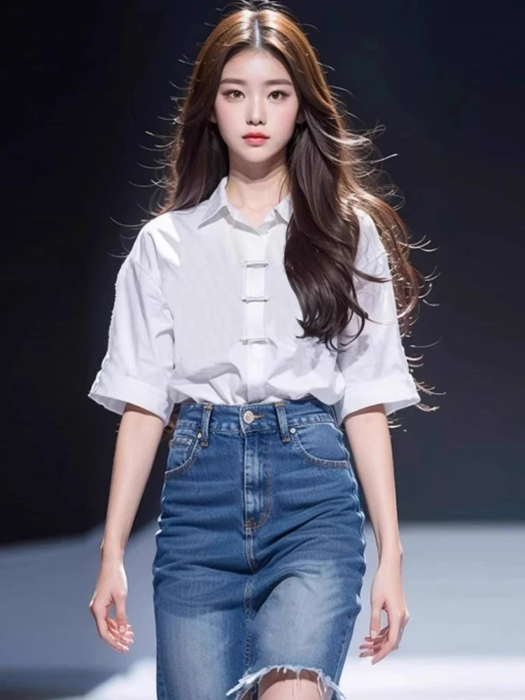 

New Chinese Sle Collar White irt Women's Summer Loose ort Sve Unique Button up Top Korean Faion Loose Fit