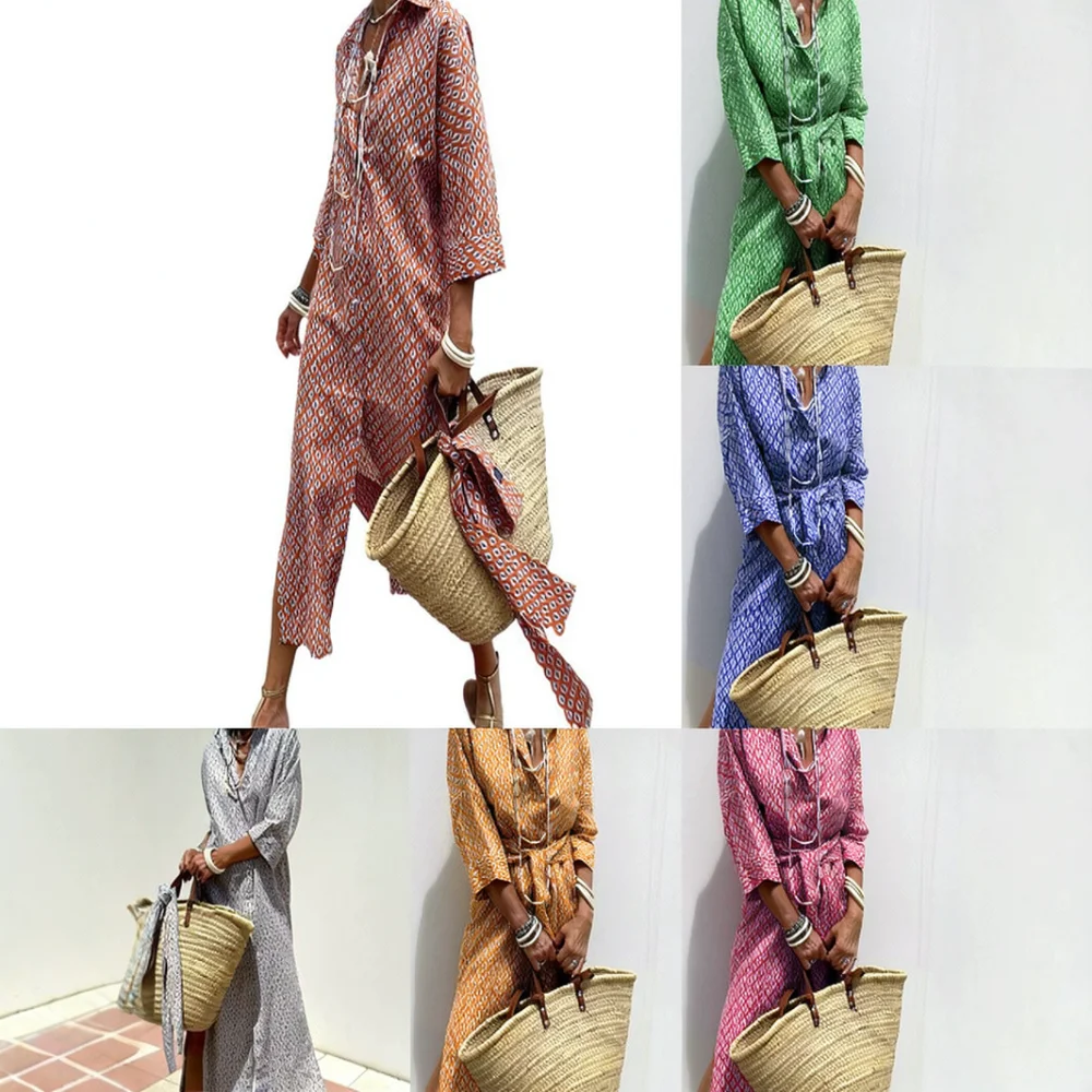 Retro Striped Shirt Dress Women Summer Casual Turn Down Collar Five Sleeve Loose Fit Button Up A Line Midi Dresses