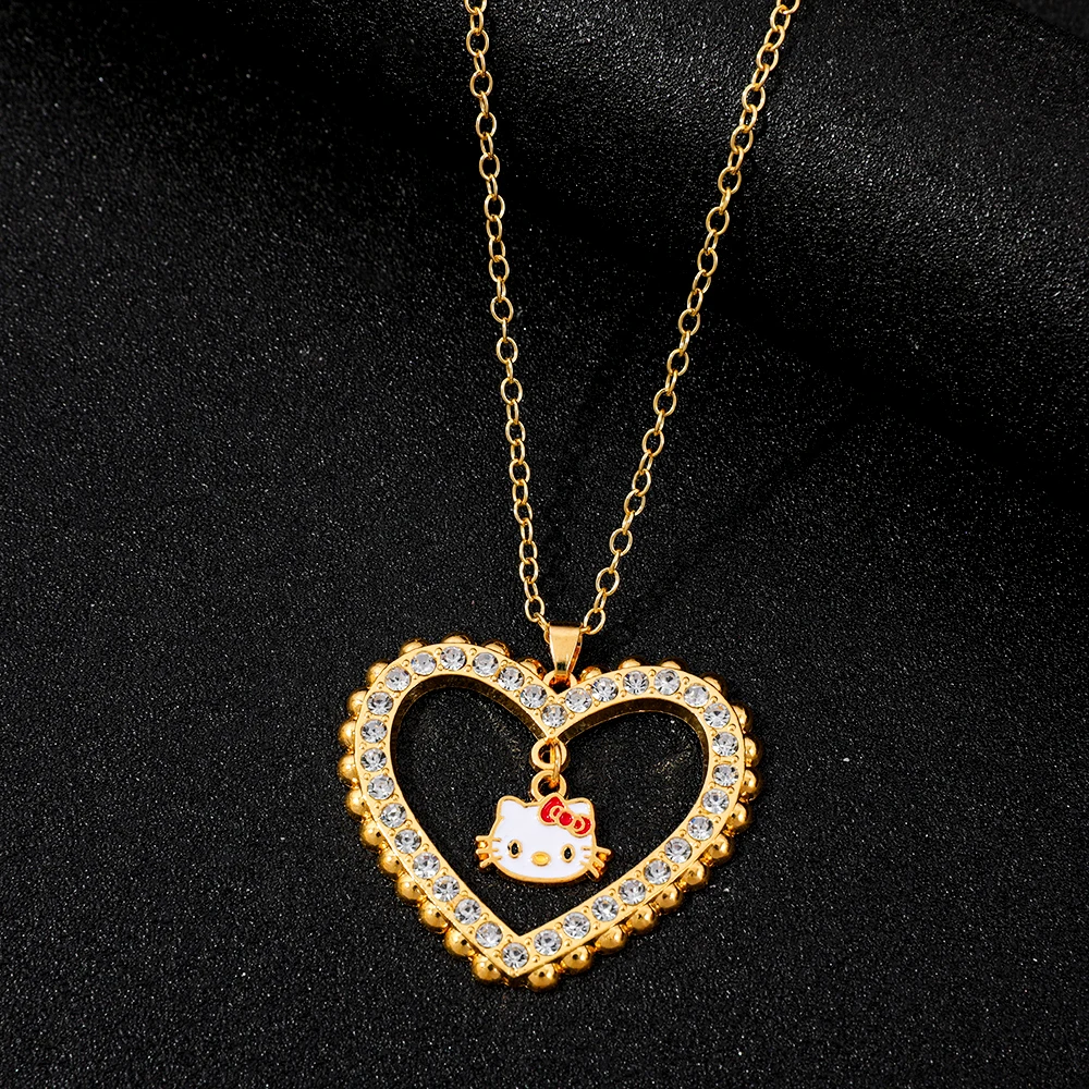 Sanrio Hello Kitty Kalung Liontin Berlian Imitasi Berbentuk Hati Berongga y2k Aksesori Mainan Wanita Hadiah Modis