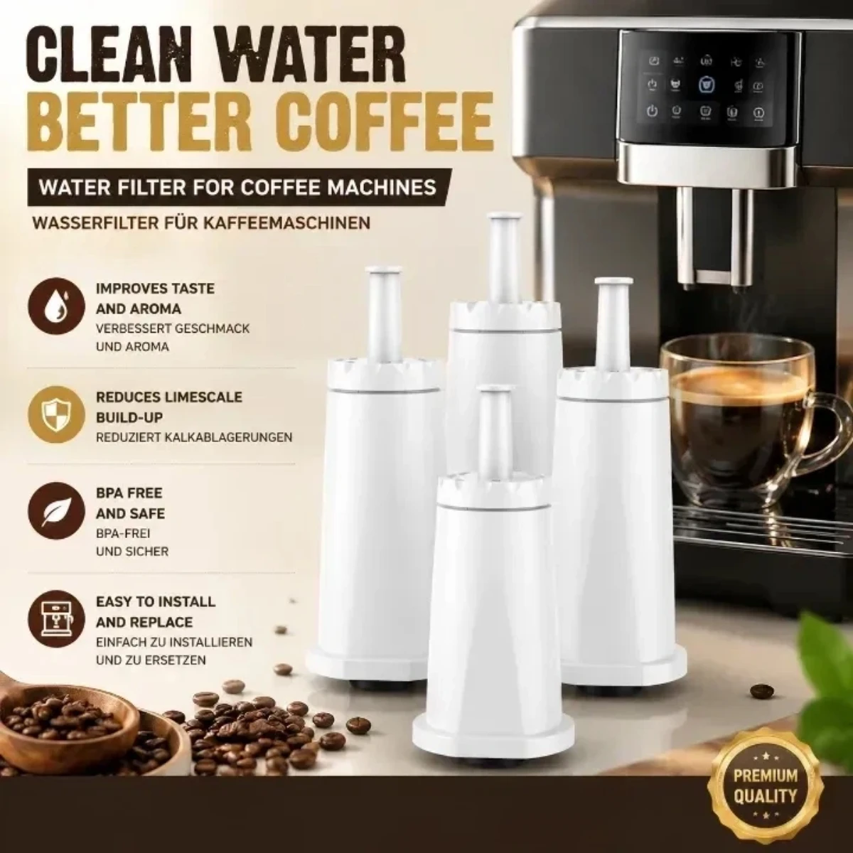 Vervangende koffie-waterfilterpatroon, 4-pack, geschikt voor BES008 filterhouder, compatibel met BES878 BES880 BES920 BES980 BES920