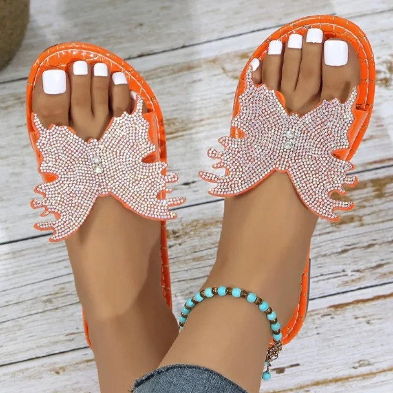 

2024 Summer New Fashion Slippers Women Sequined Flat Open Toed Shoes Female Outdoor Non-Slip Slippers Plus Size 43 Zapatos Mujer