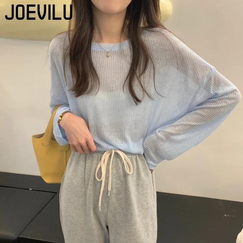 JOEVILU Women's long-sleeved sun shirt Thin girls simple loose T-shirt  Summer Slightly Transparent Bottom Shirt Niche Chic Top