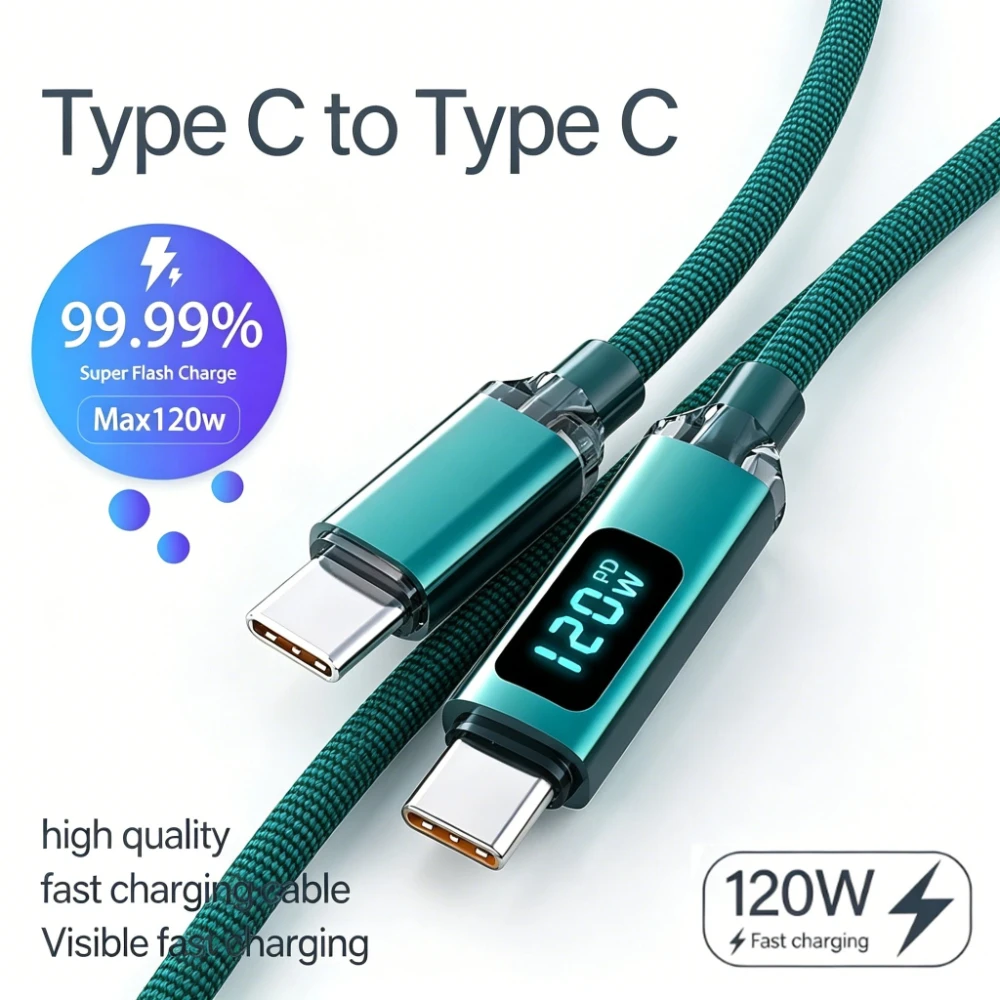 Digital Display Type C To Type C Cable 120W 6A Fast Charging Phone USB Type-C Data Cord for iPhone Xiaomi Huawei Samsung OnePlus