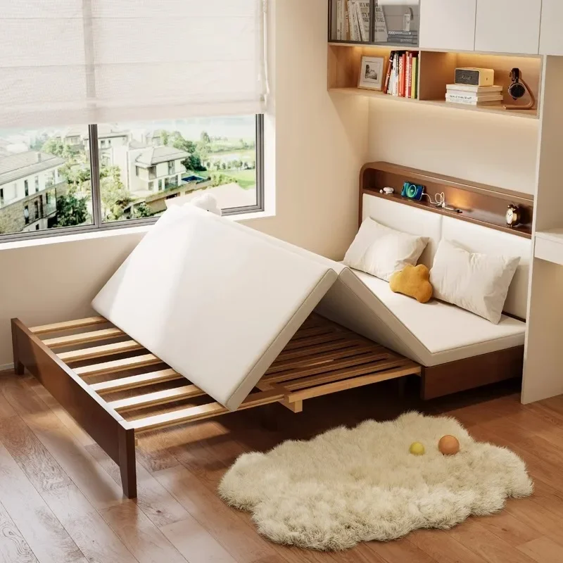 Solid wood sofa bed small apartment living room multi-functional foldable pull-out bed telescopic bed