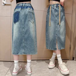 School Girls Denim Cagro Skirt Four Summer High Waist Casual Midi Skirt for Children Fashion Pocket Teenage Kids Jeans 13 14Y
