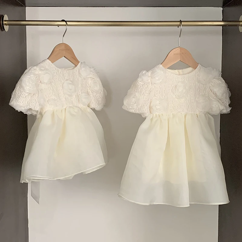 2025 New Summer Sister Clothing Kids Princess Dresses Baby Girl Birthday Party Dress Short Sleeved Cotton Mesh Splicing Romper