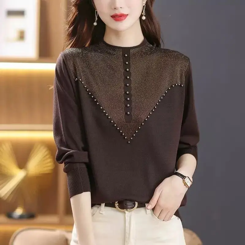 

Spring Autumn Stylish Beading Pullovers Chic Diamonds Women's Clothing Casual Loose Half High Collar Basic Solid Color T-shirt