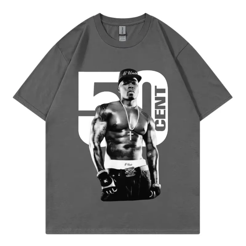 مغني الراب 50 سنت الجرافيك تي شيرت الذكور موضة الهيب هوب خمر تي شيرتات قصيرة الاكمام الرجال الصيف 100% القطن المتضخم تي شيرت