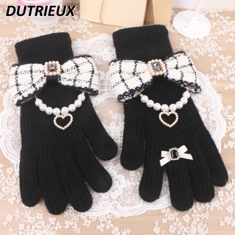 Big Bow Beaded Wool Knitted Autumn Winter Sweet Cute Middle Opening Can Touch Screen Split Finger Gloves for Women Fashion