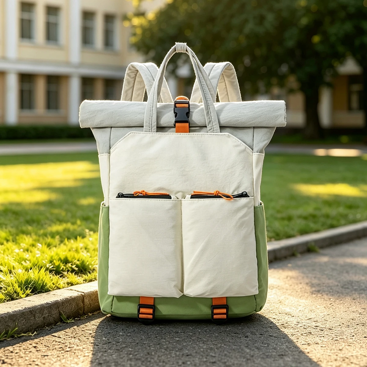 Fashionable color-blocked niche student backpack, American retro casual large-capacity laptop commuter travel backpack