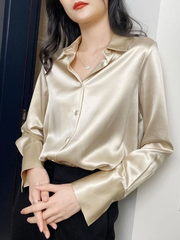 Blusa de moda para mujer, camisa blanca de manga larga, blusa de seda elegante para verano, 2022