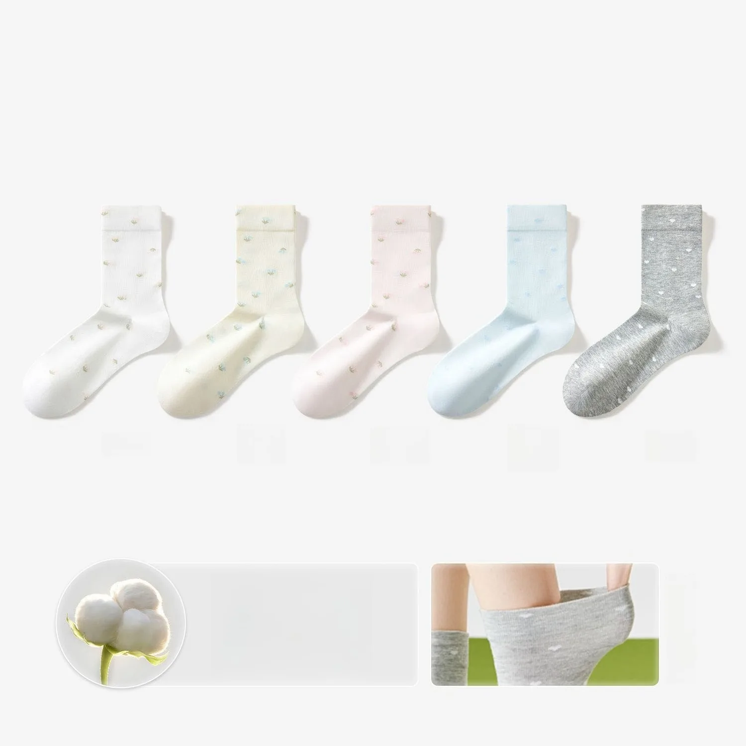 Neue Damen-Socken-Sets aus 100 % Baumwolle für Frühling, Herbst und Winter, mit Blumenmuster, mittellang, niedliche kurze Socken für Damen – Detail 1