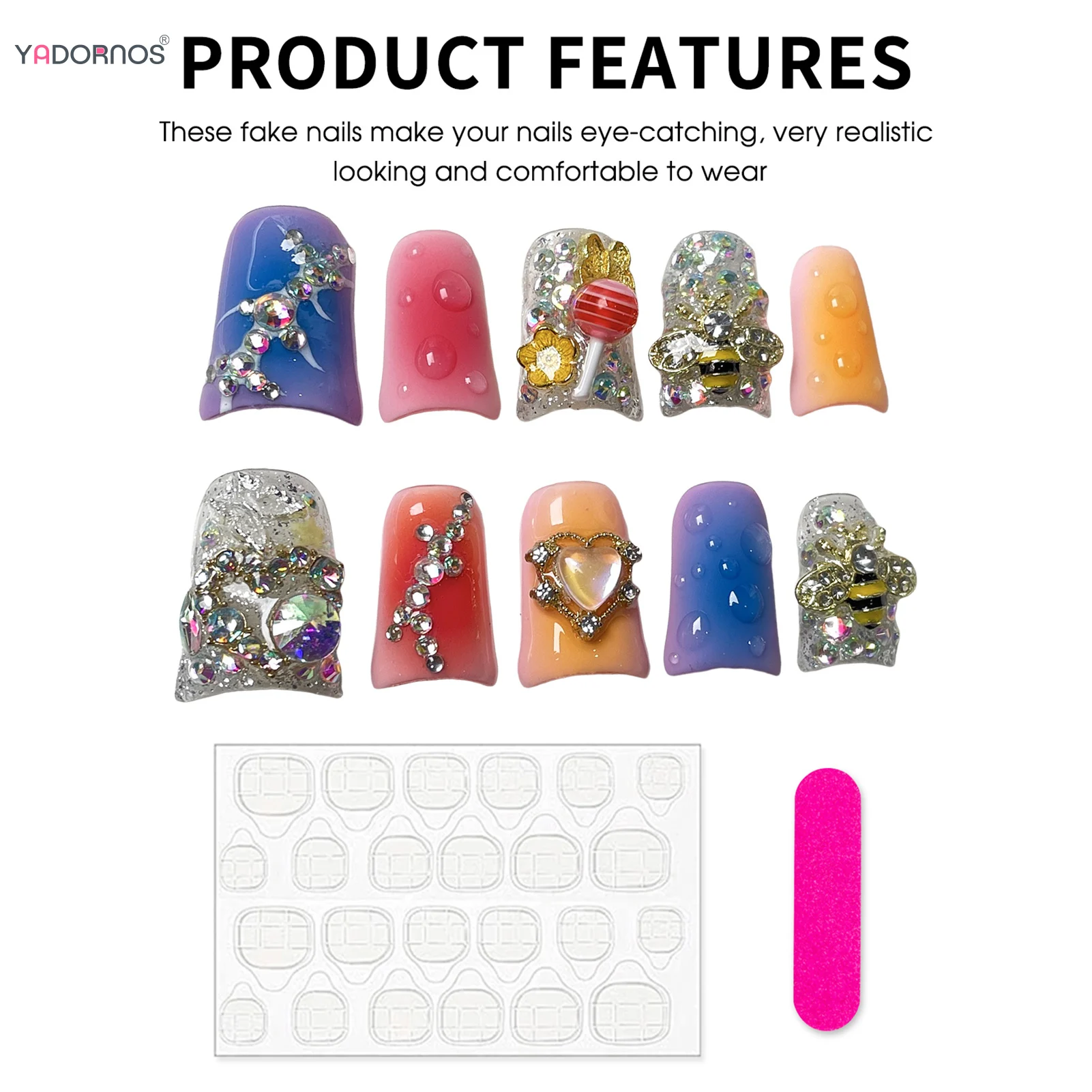 

10Pcs Sweet Cool Duckbilled Press on Nails with 3D Diamond Beef Design Handmade False Nails for Women Wearable Fake Nails