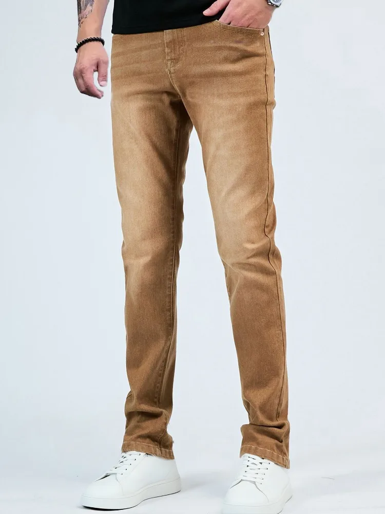 

Spring Men's Slim Straight Khaki Jeans Washed Stretch Business Casual Denim Pants Korean Fashion Streetwear Work Trousers