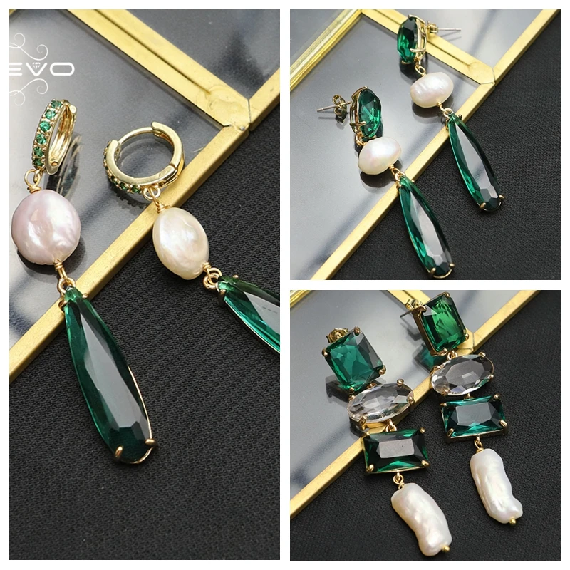 GLSEEVO Shining Emerald Crystal Baroque Pearls Chain Drop Drop Earrings France Fashion Superior Woman Luxury Jewelry Gift GE1196