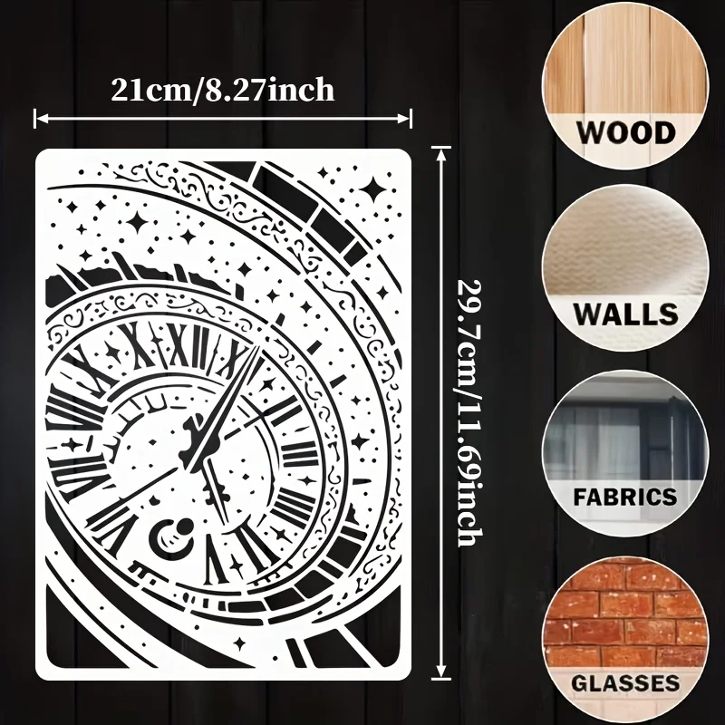 Spiral Clock & Star Stencil DIY Crafts, Painting Walls, Floors, Tiles, to-Clean, Color Suitable for Home Decoration,Floors Walls