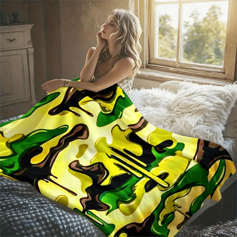 Drip Camo Print Flannel Blanket Warm Soft Halloween Christmas Decorative Couch Warm Cozy All-Season Gift