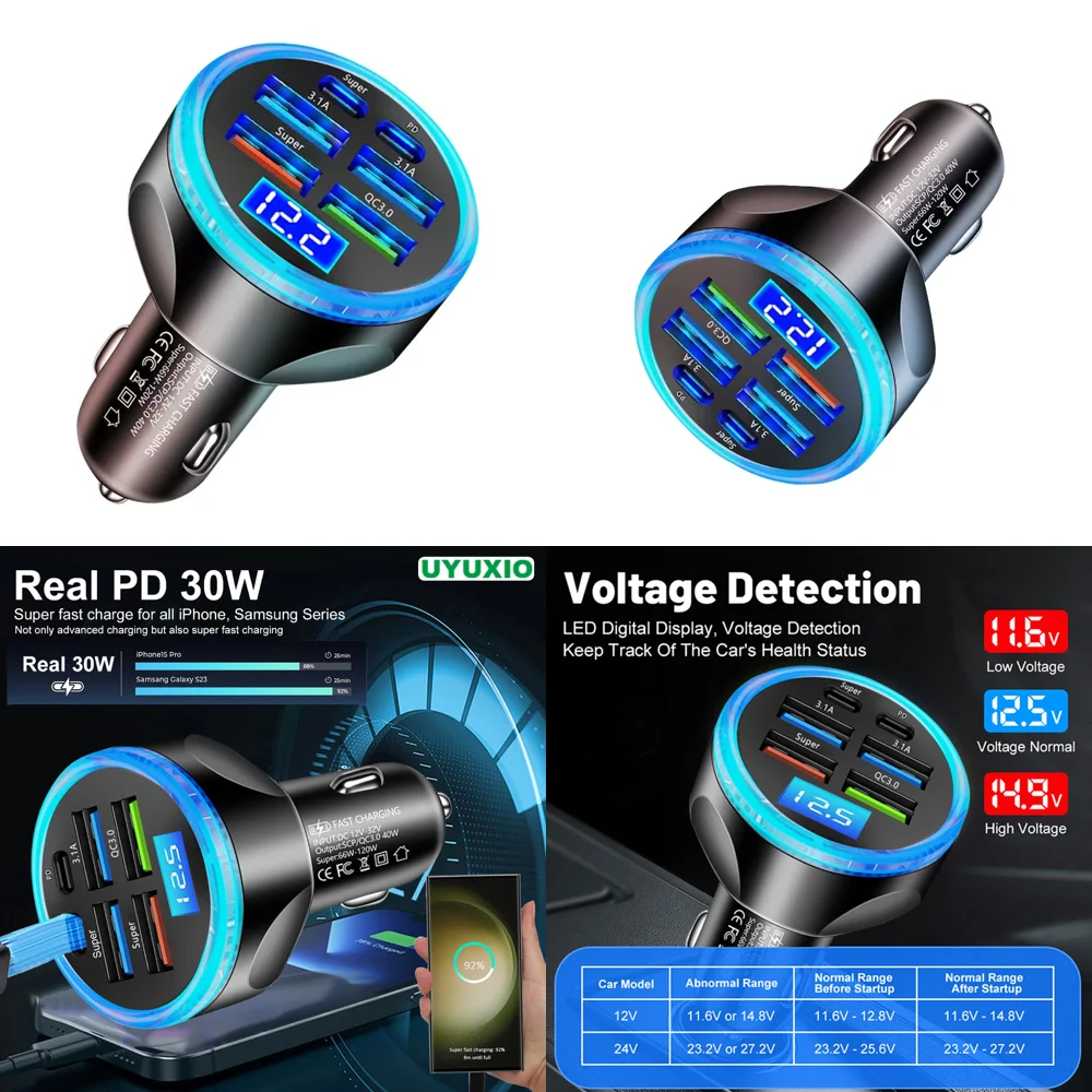 6 in 1 Multi Port Full PD 30W USB C Car Charger Volt Meter Fast Charge Adapter with with Voltage Display Dropshipping Products