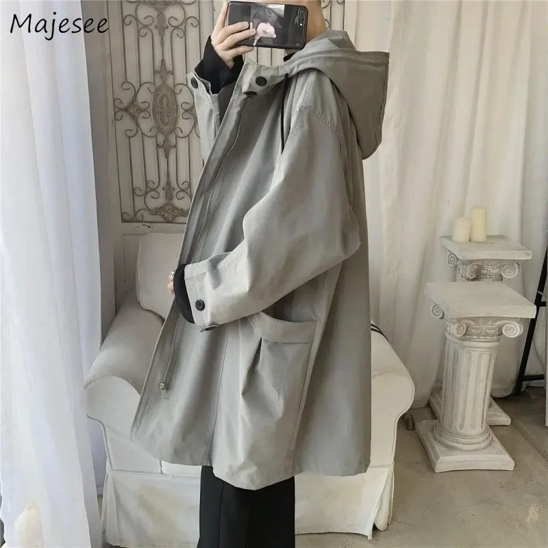 

Hooded Trench Men Baggy Zip-up Overcoat Fashion Ulzzang Handsome Daily Pockets Mature Streetwear Personality Spring Autumn Soft