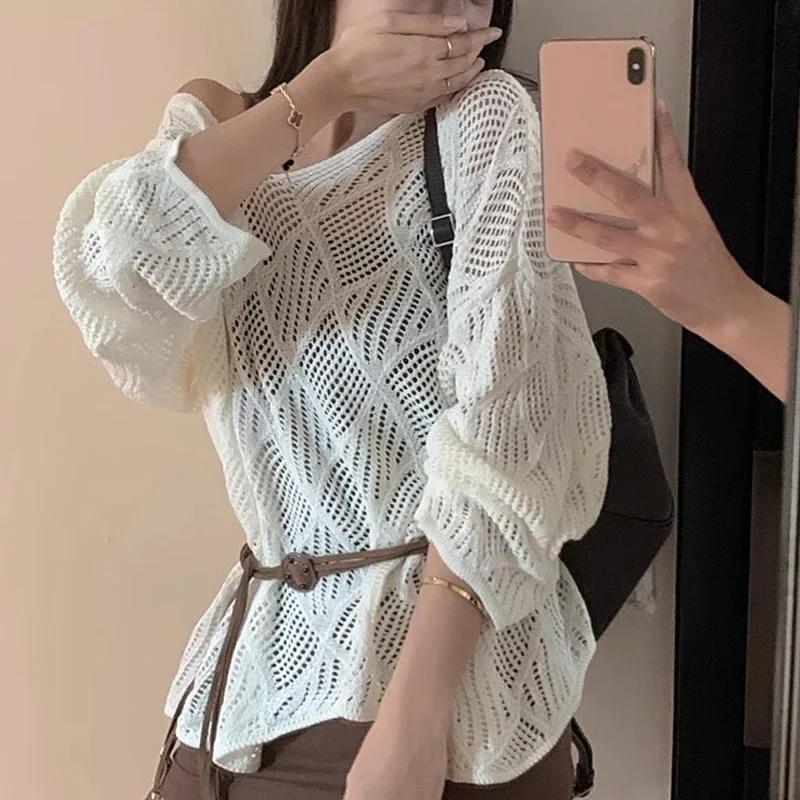 

New White Long Sleeve Knit Sweater Women Pullovers O-Neck Hollow Out Knitted Sweater Pullover Women Tops Sueters De Mujer Q260