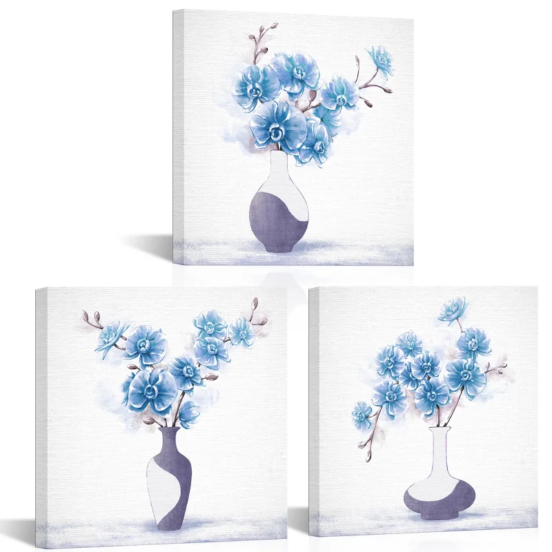 

3 Pieces Flowers In Vase Wall Decor Poster Blue Flowers Print Canvas Painting Modern Style Picture Living Room Wall Art