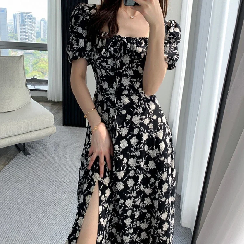 Spring Summer Chiffon Dress Women Casual Dresses Fashion Female Square Collar Short Sleeve Split A-line Dresses Vestidos