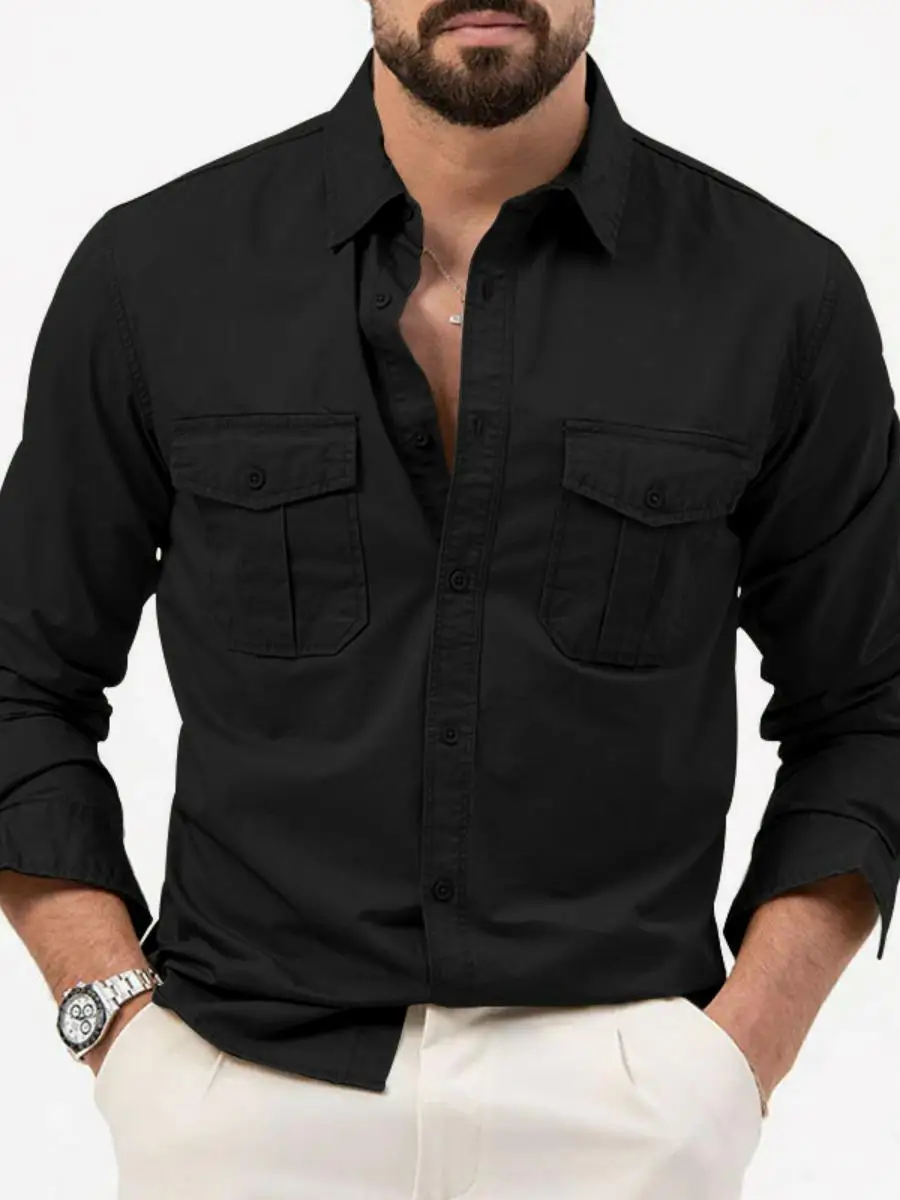 Autumn plus Size Long Swedish Shirt Men's Pocket Lapel Thickened Fleece Collar Pure Color Special Wide Fit Men's Shirt