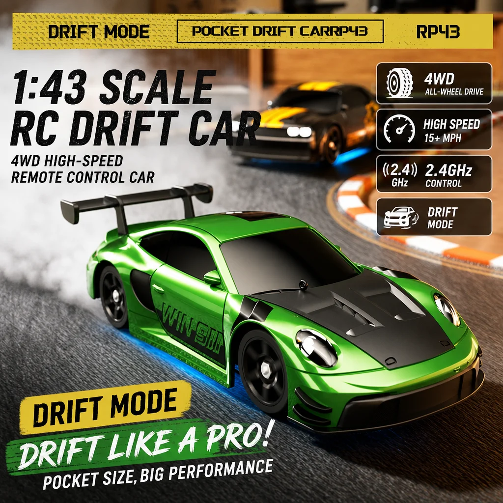 Hb 1:43 RC Drift Car GTR R34 2.4G 4WD ESP Gyro App Operated DIY White Body Shell Swap Tires Full Proportional Ready To Run