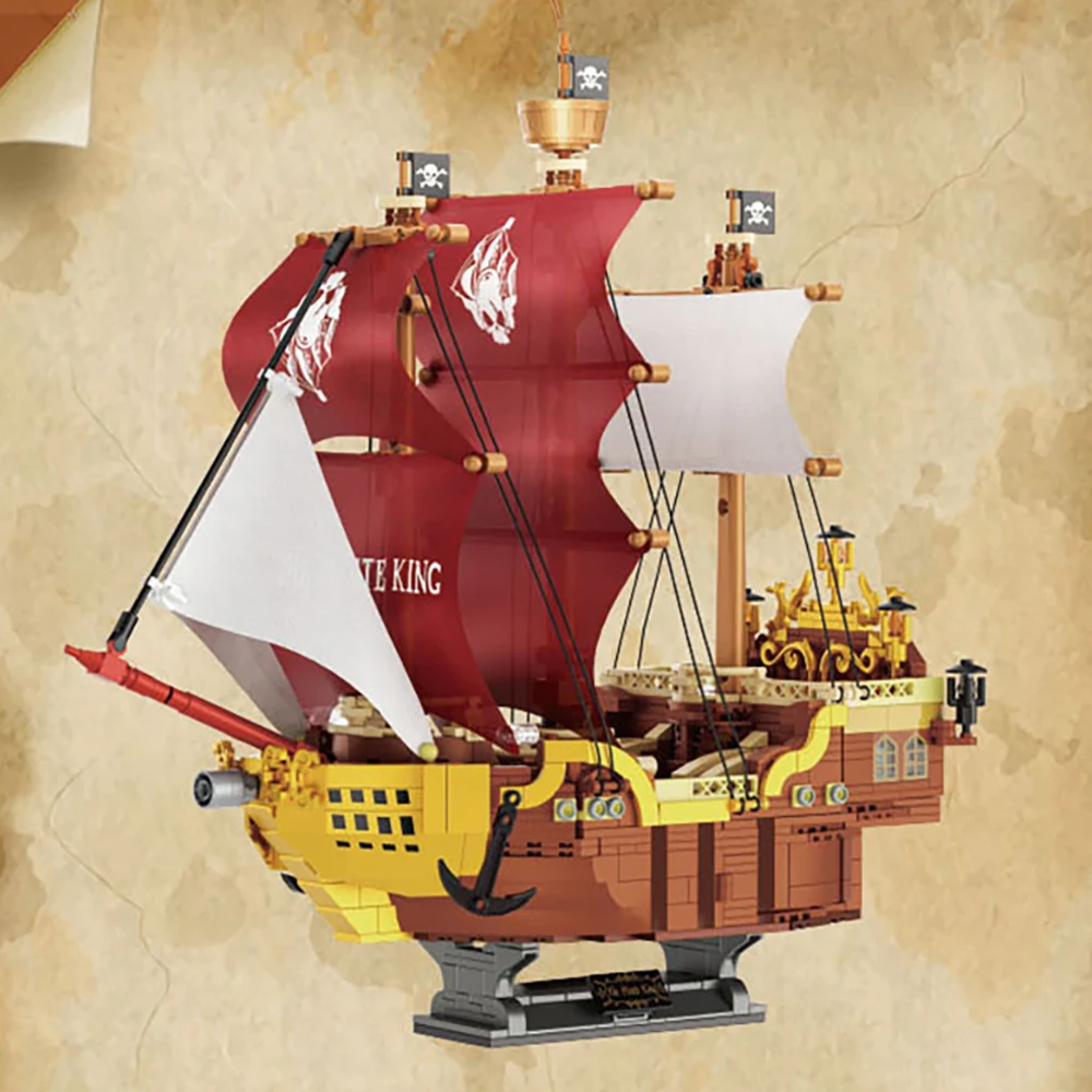 Vintage Caribbean Pirate King Ship Mini Building Blocks MOC Vessel Model Home Decor Collectible Hand‑Assembly Ornament Gift
