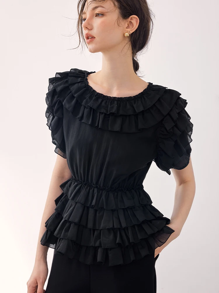 

Ele Sweet Sle antung Blouse Mixed Lenzing Lyocell Fabric Waist Cinching Ear Look Design ort Sve round Ne Top