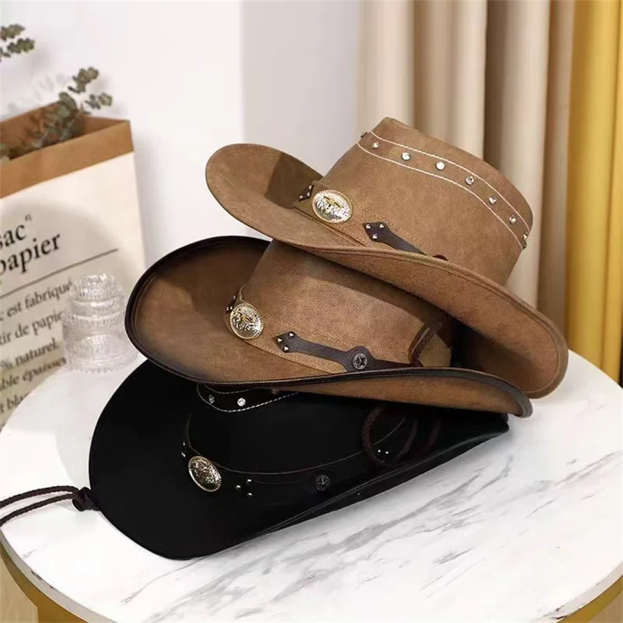 100% Leather Cowboy Hat Women Men Western Sombrero Hombre Hat Pamama Windproof Rope Jazz Hat