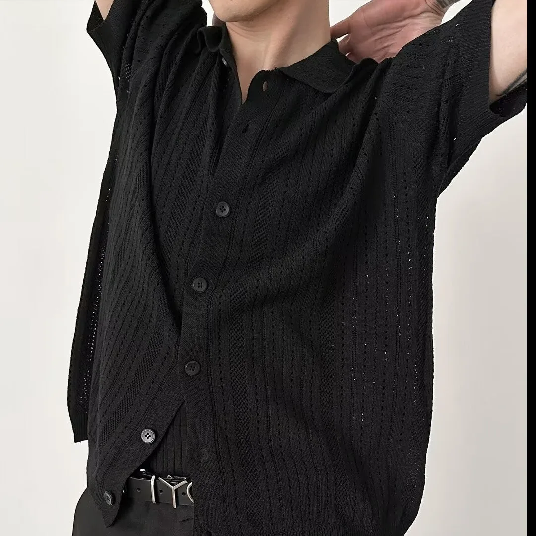 American Vintage Lace Hollow Out Knit Shirt Men Lapel Oversized Short Sleeve Casual Summer Polo Shirt Buttons Cardigan Tops