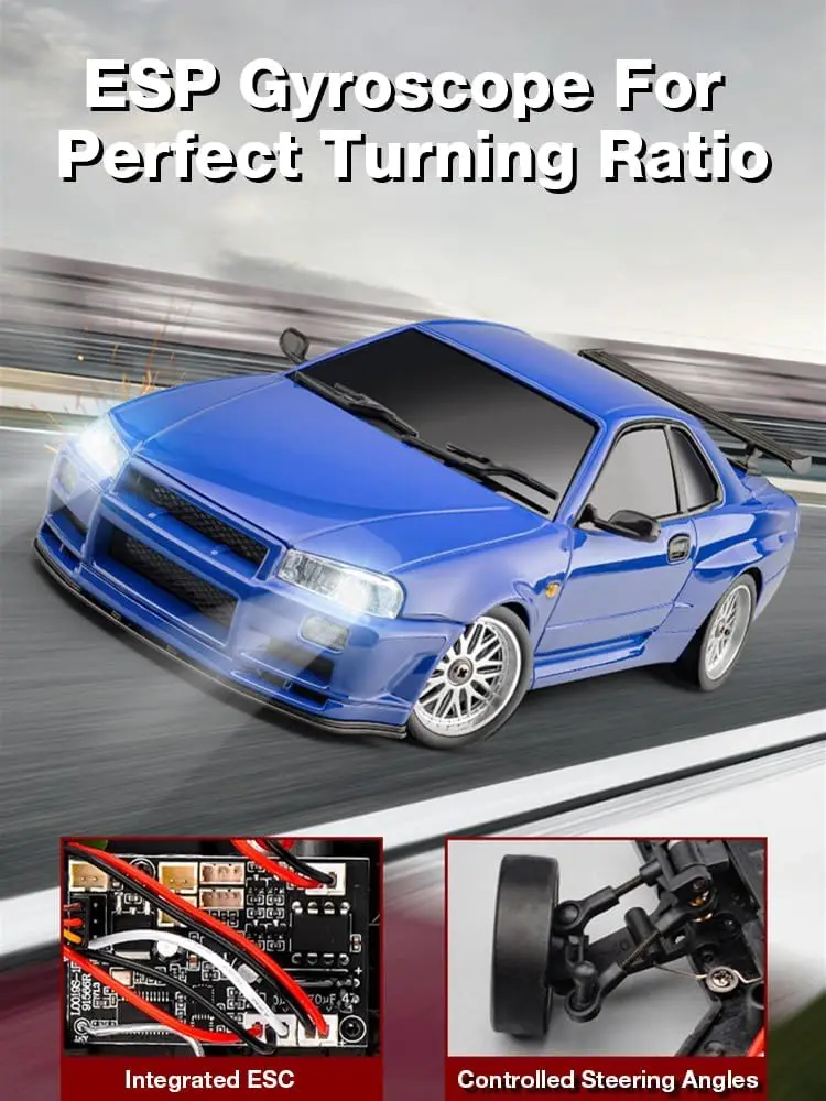 1/18 Scale Remote Control Drift Car, 2.4GHz RWD Mini Model Vehicle with Gyro Stabilizer, Alloy Body Shell Racing Car for Adult Hobbyists, GTR R34 Style (Silver-Blue) - view 2