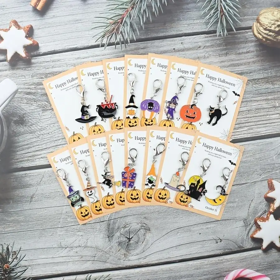 1/5/10/20/50/100pcs Halloween Keychain Set with Halloween Greeting Cards, Featuring Alloy Keychains of Black Cats, Pumpkins, Gho