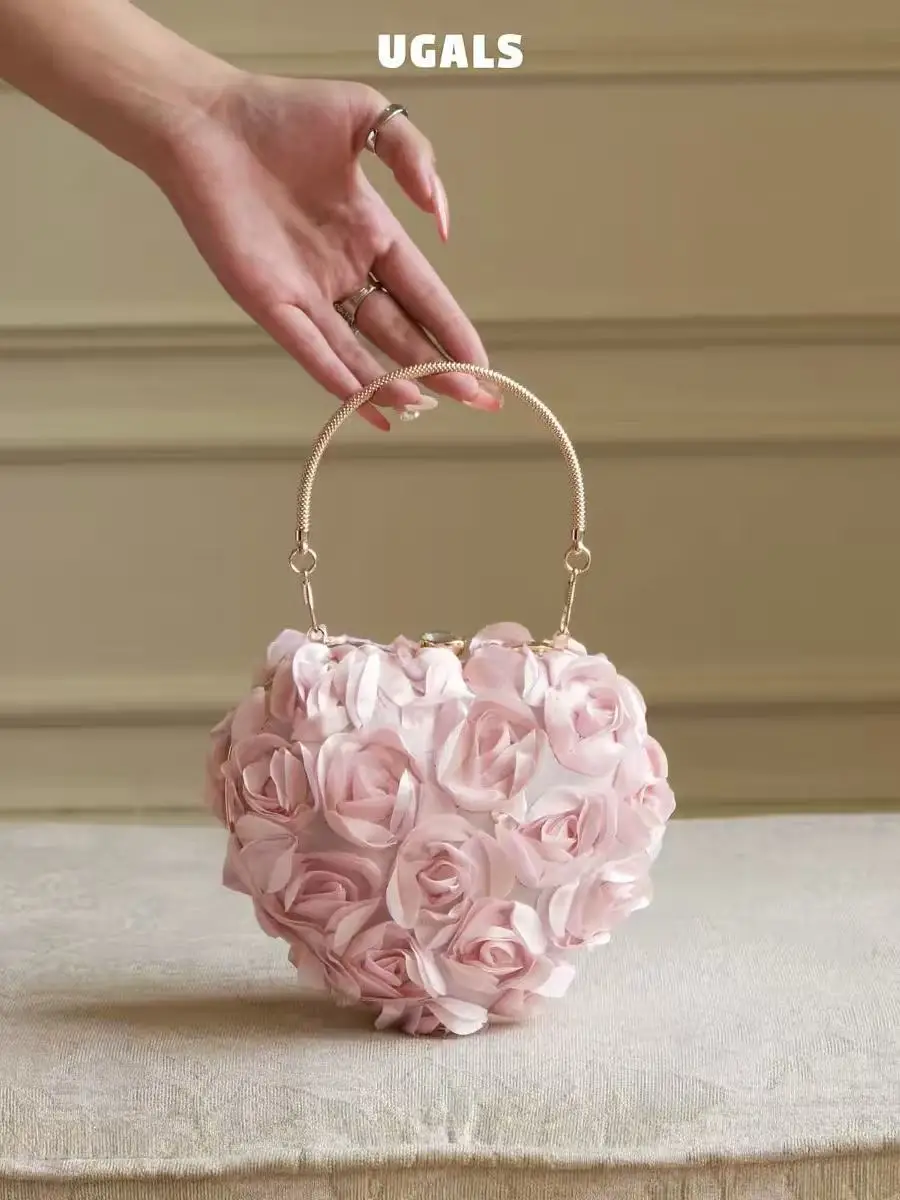 Fashion Pink Rose Floral Evening Bag Luxury Satin Exquisite Women Handbag Wedding Party Banquet Clutch Purse Cross body Bag