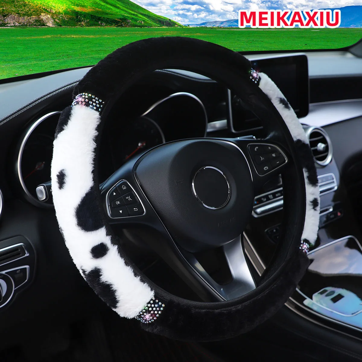 

Winter cow fur with diamond embellishments, shining Blingbling car without inner ring steering wheel cover, car decorative item