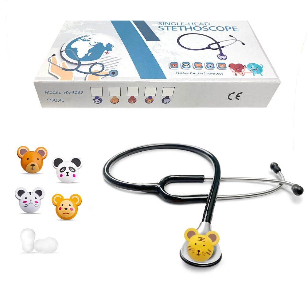 Black Colors Medical Cute Animal Cartoon Single Sided Head Pediatric Cardiology Nursing Stethoscope For Kids and Young Children