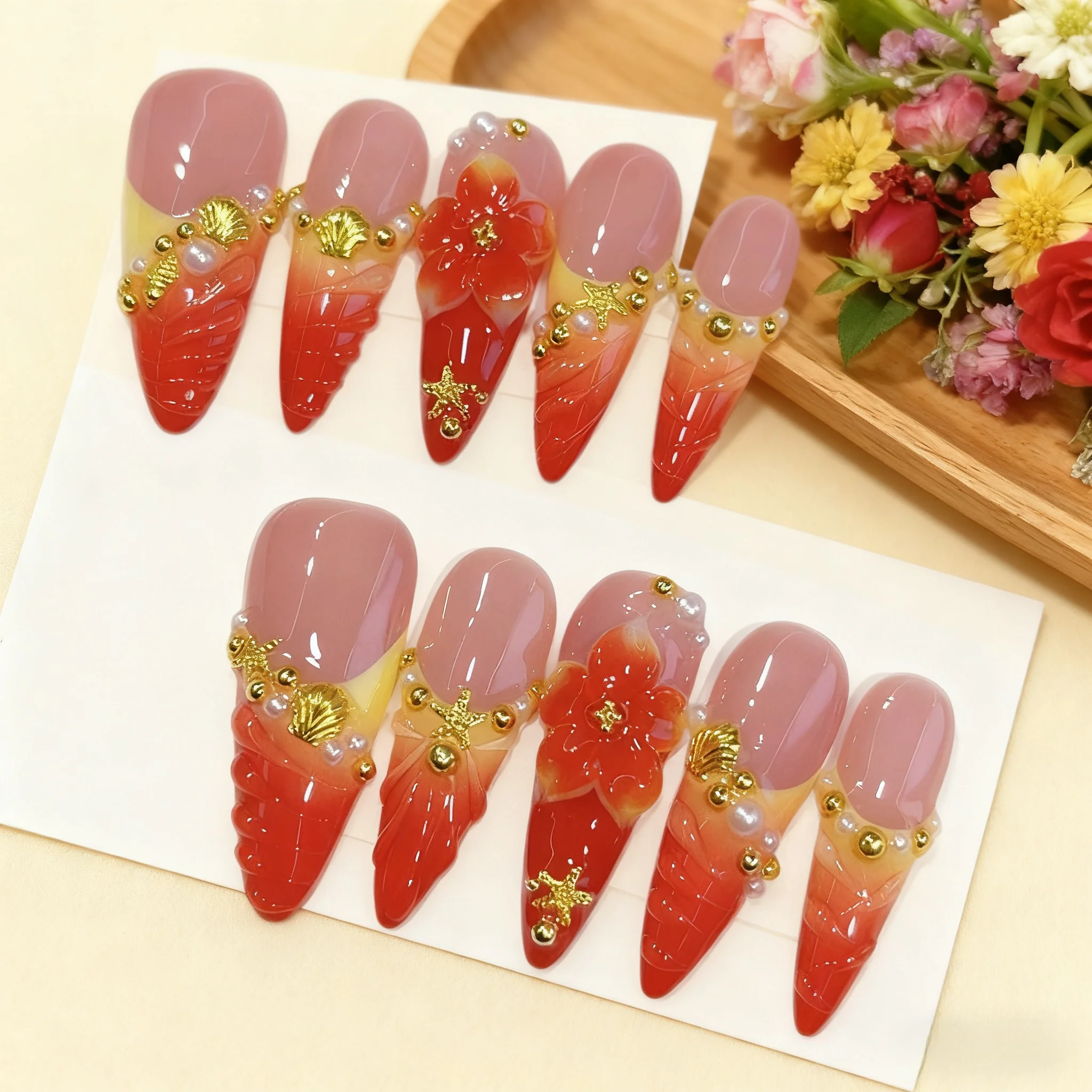 

10pcs Handmade Long Almond Press on Nails Ripple Shell Decor Fake Nails Wearable Full Cover Gradient Red French Fake Nail Tips