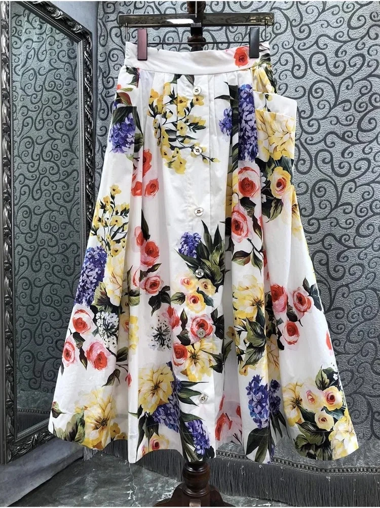 

100%Cotton Long Skirts 2024 Spring Summer Design Fashion Skirt Ladies Colorful Floral Prints big Pocket Deco Casual Maxi Skirt