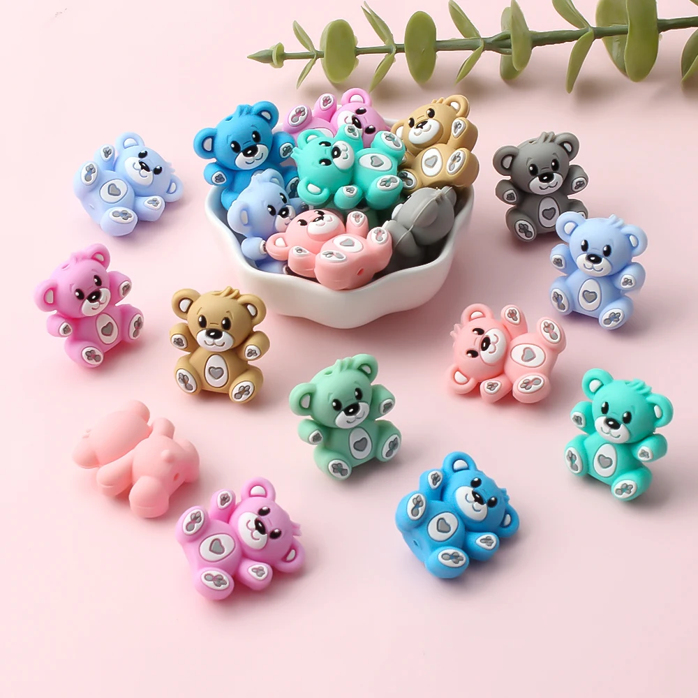 DW29 5Pcs Cute Cute Bears Silicone Beads 3D Focal Beads for Pen Making Jewelry Necklace DIY KeyChain Accessory Animal Beads