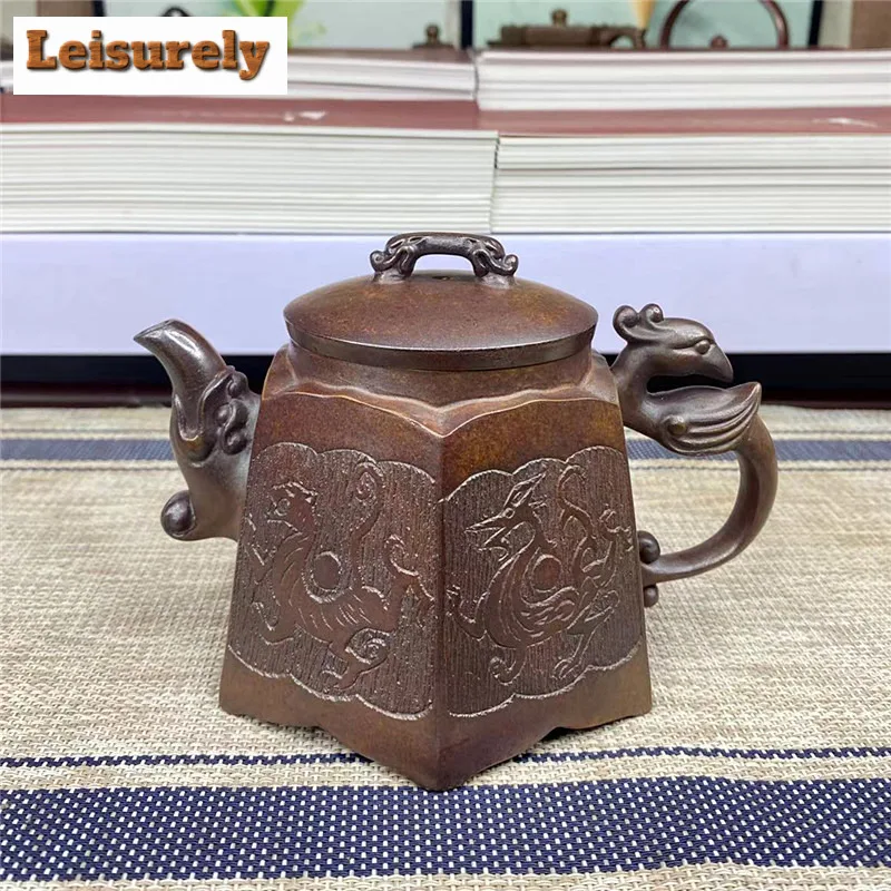 

360ml Yixing Purple Clay Teapots Handmade Hexagonal Dragon And Phoenix Pot Raw Ore Section Mud Wood Burning Mud Kettle Zisha Tea